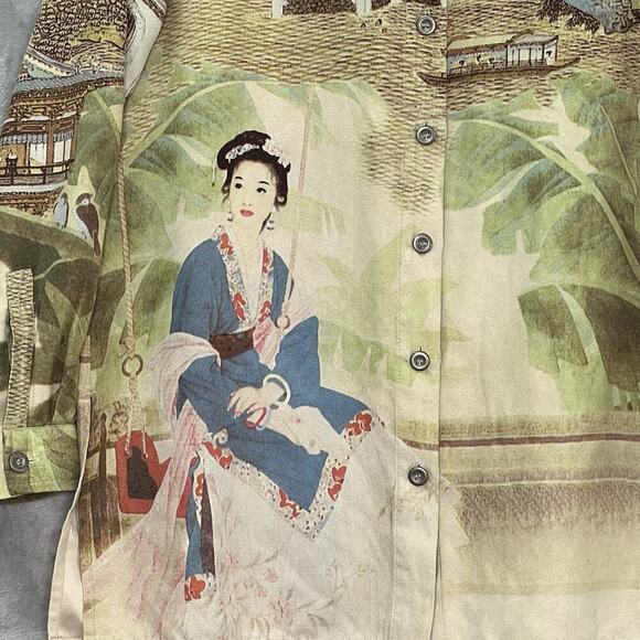 Chicos Womens Sz M Blouse Shirt Oriental Asian Women Geisha All Over Print Uniq - Picture 4 of 12